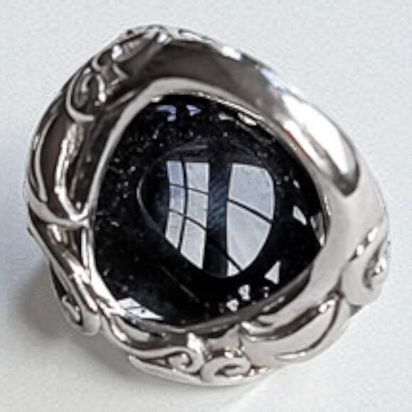 Vintage 925 Silver Carved Black Onyx Rose Ring Size 5.75 Chunky Statement - Picture 6 of 10